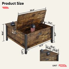 an image of a wooden chest with drawers on it's sides and measurements for each drawer