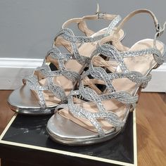 I'm Selling These Silver Heels. Worn Only Once For A Wedding. Bought Only For The Wedding, Never Worn Again. Jcpenney Store. Elegant Glitter Sandals For Wedding, Formal Synthetic Block Heel Wedding Shoes, Silver Wedding Shoes With 4-inch Heel For Spring, Holiday Formal Wedding Shoes With Ankle Strap, Glamorous Synthetic Wedding Shoes With 4-inch Heel, Synthetic Wedding Shoes With Almond Toe, Silver Wedding Heels For Holiday, Synthetic Almond Toe Wedding Shoes, Glamorous Synthetic Wedding Shoes