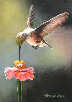 a painting of a hummingbird hovering over a flower with its wings extended and it's beak in the air