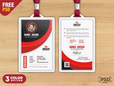 two id cards with red and black accents