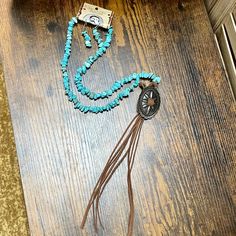 Turquoise stone necklace with Burnished Silver Concho & Brown Leather fringe Stacked dangle earring set Leather Fringe, Turquoise Stone, Stone Necklace, Earring Set, Apparel Accessories, Brown Leather, Dangle Earrings, Turquoise, Stone