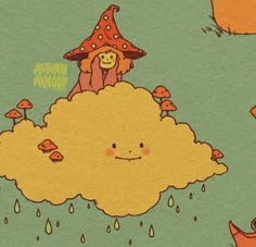 an illustration of a person sitting on top of a cloud with umbrellas in the rain