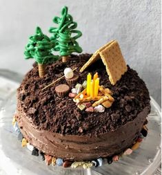 there is a cake that has been made to look like a house with trees on top