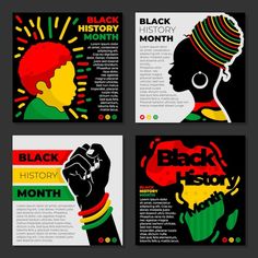 the black history month brochure is shown in three different colors and sizes, with an image of a woman holding a fist