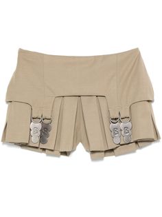 light beige wool blend twill weave layered belt detail side zip fastening ring hardware detailing logo pendant pleat detailing two rear welt pockets Pleated Shorts, Mini Shorts, Performance Outfit, High Waisted Shorts, Short Outfits, Olive Green, Wool Blend, Womens Bottoms, United Kingdom