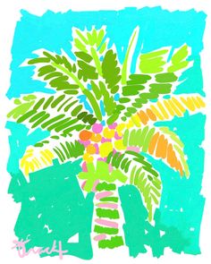 a drawing of a palm tree on a blue background