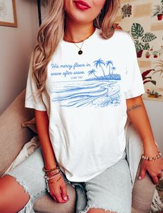 Grab this cute Bible verse beach shirt the next time you're at the beach. It's in great summer colors on a super soft tee.   🤩 TIP: These run true to size. If you want an oversized look size up 2-3 sizes. 😉 ✅ Shirt Information - Solid colors - 100% Airlume combed and ringspun cotton - Athletic Heather - 90% Cotton/10% Polyester - Heather colors - 52% Cotton/48% Polyester - Light fabric- Soft and Stylish - Retail fit/Relaxed fit - Tear away label - Runs true to size Measurements for both imperi Christian T Shirt Design, Christian Gift Shop, Cute Bible Verses, Christian Tshirt Design, Cute Bibles, Christian Merch, Christian Bible Verses, Christian T Shirt, Faith Over Fear