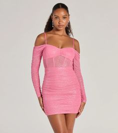 See Me Shining Glitter Off-The-Shoulder Mini Dress Pink Mini Bodycon Party Dress, Glamorous Fitted Mesh Mini Dress, Glitter Mini Dress For Club And Party Season, Glitter Mini Bodycon Dress For Club, Glamorous Mesh Mini Dress For Party, Mesh Mini Dress For Party, Glitter Lurex Mini Dress For Night Out, Glamorous Mesh Mini Dress For Night Out, Shimmer Mini Dress For Club