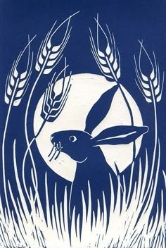 a blue and white drawing of a rabbit in the middle of some tall grass with a full moon behind it