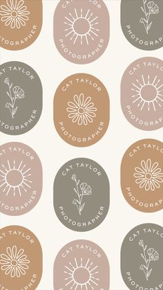 six circular badges with flowers and the words get taylor's photography written on them