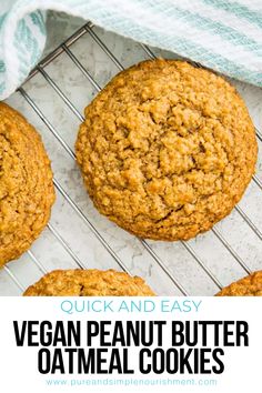 vegan peanut butter oatmeal cookies on a cooling rack with text overlay