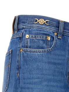 Flared denim jeans with Medusa detail at the waist. Button and zip closure. Composition: 100% cotton | Versace Women's Flared Jeans in Blue | SS24 Flared Denim Jeans, Wide Leg Denim Jeans, Womens Flare Jeans, Flared Denim, Lipstick Bag, Flare Denim Jeans, Medusa Head, Floral Shoes, Mens Scarves