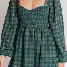 Purchased This In Two Sizes While I Was Pregnant (Have Since Worn Not Pregnant) And Missed The Return Window To Return One Of The Two Sizes. Emory Park From The Worth Collective. Green Cotton Dress For Fall, Cute Plaid Dress For Brunch, Cute Green Square Neck Dress, Green Dress With Smocked Back For Fall, Fitted Plaid Dresses With Smocked Bodice, Cute Plaid Dress With Square Neck, Cute Plaid Square Neck Dress, Green Mini Dress For Fall Brunch, Fitted Plaid Dress With Smocked Back