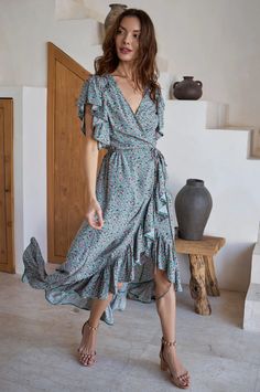 Spend your days in this divine Carmen wrap maxi dress. Made from super soft rayon fabric and featuring the leg-loving split this dress is too good to be true. Designed with a frilled hem and self-fabric tie at the waist, this maxi boho dress can easily be styled with your favorite boots, heels, or slide sandals. Conten Spring Athleisure, Maxi Boho Dress, Carmen Dress, Wrap Maxi Dress, Maxi Dress Sale, Linen Mini Dress, Too Good To Be True, Boots Heels, Boho Maxi Dress