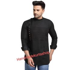 HANDMADEKURTASHOP  Description Man kurta for Man Give yourself a best ethnic look by wearing this Top and bottom Set. Made of rich cotton silk blend fabric this regular-fit set comprises a full-sleeved Indian Short kurta This outfit with mojris will look apart on special occasions. material 100%Cotton Color : Black color Kurta Length : 30 inches Designer Short kurta  Shirt Chest is measurement for shirt (not body) As per standard, for best loose fitting 6 inches gap should be there between actual chest size and shirt chest size Size chart is below Men's Sizes Actual Body Chest - Ready Shirt Chest i Add 6" Inches Lose Fitting Fabric Armhole To Armhole. XS - 30" Inches 36" Inches S - 34" Inches 40" Inches M - 36" Inche 42" Inches L - 40" Inches 46" Inches XL - 44" Inches 50" Inches 2XL - 48" Casual Black Festive Kurta, Black Straight Kurta For Casual Wear, Casual Black Straight Kurta, Kurta For Man, Traditional Kurta, Kurta Shirt, Man Outfit, Kurta Men, Short Kurta