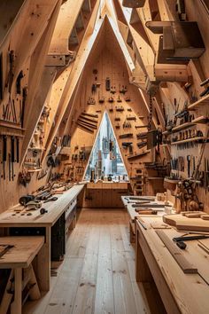 a room filled with lots of wooden tools