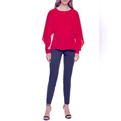 Dkny's Crewneck Blouse Provides A Dramatic Silhouette With A Beautifully Draped Cape Detail. Long Cape Sleeves With Smocked Inner Cuffs, Like Peek A Boo Sleeve Cape Overlay At Front And Back Nwt Red Long Sleeve Blouse With Blouson Sleeves, Red Blouse With Blouson Long Sleeves, Elegant Red Top With Blouson Sleeves, Cape Blouse, Dramatic Silhouette, Long Cape, Cape Sleeves, Peek A Boo, Smocking