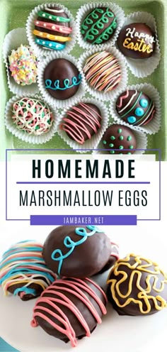 homemade marshmallow eggs with chocolate frosting and sprinkles on top