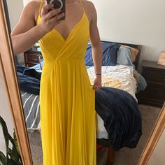 Beautiful Floor Length Sunshine Yellow Gown. It’s A Little Big On Me, And My Intention Was To Get It Shorted At Tea Length To Wear, But It’s Been Sitting In My Closet For A While. It’s Never Been Worn. Fitted Yellow Chiffon Maxi Dress, Fitted Yellow Maxi Dress With Tie Back, Yellow Chiffon Bridesmaid Dresses, Lulus Dress, Yellow Gown, Lulus Dresses, Sunshine Yellow, Floor Length Gown, Lulu Dresses