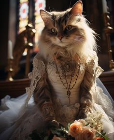 a cat dressed up in a wedding dress