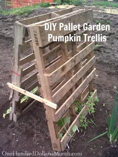 the diy pallet garden pumpkin trellis is ready to be used as a planter