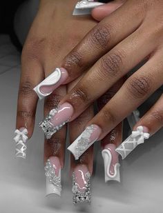 Nail Inspo White And Silver, Bling Nails Birthday, White Sets Nails, Gold And Milky White Nails, Nail Inspiration Long Square, Cute Extra Nails, Birthday Nail Set Ideas Sweet 16, Cute Birthday Nails Acrylic, 19th Birthday Nails Ideas