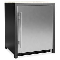 a stainless steel freezer sitting on top of a white counter next to a black cabinet