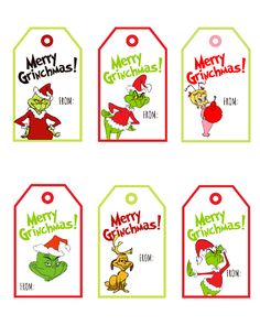 christmas gift tags with cartoon characters and merry grinmass on the top one is red, green, and white