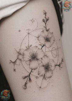 a woman's thigh with flowers on it and the word love written in cursive