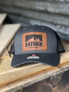 Richardson 112 hat with engraved leather patch.  It's Not A Dad Bod It's A Father Figure Leather Patch Hat  Not machine washable Trucker Hat With Curved Brim And Leather Patch, Trucker Fitted Hat With Leather Patch And Curved Brim, Black Trucker Hat With Leather Patch For Outdoor, Black Leather Trucker Hat With Leather Patch, Black Trucker Hat With Leather Patch And Curved Bill, Outdoor Hats With Leather Patch For Father's Day, Outdoor Leather Patch Hat For Father's Day, Rugged Outdoor Hat With Leather Patch, Father's Day Brown Hat With Leather Patch