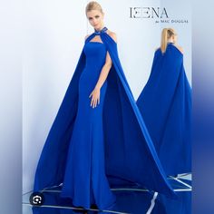 Blue Strapless Dress With Slits On Both Legs And Cape With Jeweled Neckline Long Dress With Cape Gowns, Blue Dress With Cape, Mac Duggal Prom Dresses, Gown With Cape, Mac Duggal Dress, Blue Strapless Dress, Crepe Gown, Sheath Gown, Mac Duggal Dresses