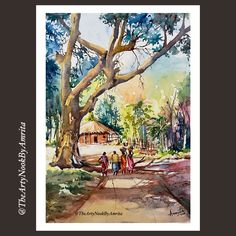 a watercolor painting of people walking down the street in front of a tree and building