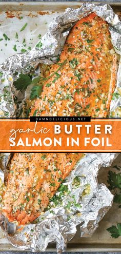 grilled salmon in foil with parsley on top and title overlay reading garlic butter salmon in foil