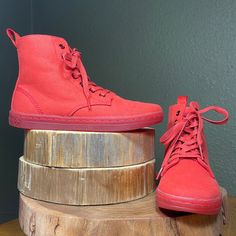 Nib Dr Martens Hackney Canvas Boots Size: 5 Color: Red ~Natural Faded Look. Not A Bright Red New In Box. Never Worn. No Tags Casual High-top Boots With Red Sole, Casual Ankle-high Boots With Red Sole, Casual Red Lace-up Boots, Casual Boots With Red Sole And Round Toe, Casual Lace-up Boots With Red Sole, Red Lace-up Boots For Spring, Red Sneakers With Rubber Sole For Fall, Red Suede Casual Boots, Red High-top Casual Boots