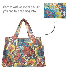 an image of a bag with flowers on it and the words, comes with an inner pocket you can fold the bag into