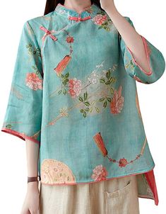 Floral Embroidery Blouse, Qipao Top, Chinese Blouse, Chinese Shirt, Cheongsam Top, Silk Tops Blouses, Japanese Shirt, Interesting Outfits, Women Floral Blouse