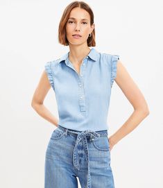 756034 Petite Chambray Shirt, Hip Style, Outfit Formulas, Chambray Top, Henley Top, Petite Tops, Wardrobe Basics, Sweater Sale, Jeans For Sale