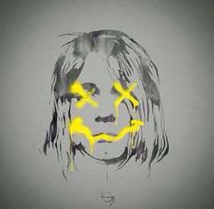 a drawing of a man with yellow paint on his face and long hair, in front of a gray background