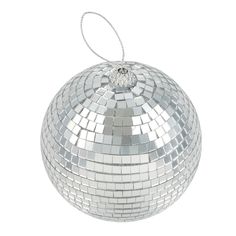 a silver disco ball ornament hanging from a string