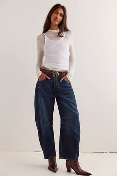 We The Free Good Luck Mid-Rise Barrel Jeans | Free People Effortless Jeans Outfit, Free People Barrel Jeans, Free People Barrel Jeans Outfit, Barrel Jeans Street Style, Dark Wash Jeans Outfit, Going Out Outfits Fall, Barrel Jeans Outfit, Dark Washed Jeans Outfit, Wash Jeans Outfit