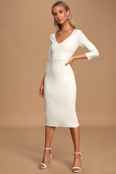 Dresses for Women | Best Women's Dresses Online Chic White Dress, White Midi Dress Bodycon, Midi Dress Chic, Bodycon Midi Skirt, Stretch Knit Dress, White Bodycon, Surplice Dress, White Bodycon Dress, Essential Dress