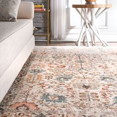 an area rug with various colors and designs on the floor in front of a couch