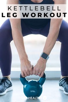 a woman holding a kettle with the words kettlebell leg workout