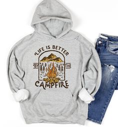 Life is better by the campfire unisex hoodie. The perfect cozy hoodie for camping! These hoodies are unisex and true to size.