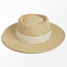 Step into summer style with this timeless straw boater hat. Expertly woven from lightweight and breathable straw material, it offers a perfect blend of fashion and function. The classic boater silhouette exudes an effortless elegance, while the natural straw hue adds a touch of warmth and sophistication to any ensemble. Whether you're lounging by the pool, strolling through a garden, or exploring a charming seaside town, this hat will be your chic companion, providing both sun protection and a s Straw Boater Hat, Fabric Crown, Straw Boater, Wide Brim Straw Hat, Seaside Town, Resort Vacation, Boater Hat, Bow Flats, Effortless Elegance