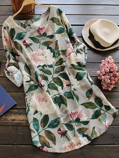 $21.99 Floral Long Sleeve Linen Blouse Dress - FLORAL ONE SIZE Loose Short Dress, Mode Tips, Floral Dress Casual, Bohol, Outfit Trends, Vestido Casual, Maxi Skirts, Looks Style