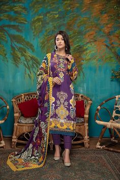 Traditional Purple Printed Lawn Suit, Printed Purple Lawn Suit With Long Sleeves, Purple Printed Long Sleeve Lawn Suit, Long Sleeve Printed Purple Lawn Suit, Purple Long Sleeve Sets With Digital Print, Semi-stitched Purple Churidar With Dabka, Multicolor Cotton Dupatta With Naqshi Detail, Purple Unstitched Suit With Dabka For Eid, Unstitched Purple Suit With Dabka