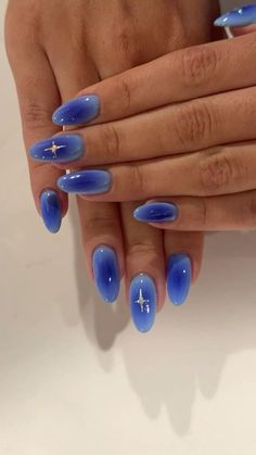 Fashion: #fashion, #style, #outfitinspiration, #beauty Birthday Nail Inspo 2024 Almond, Designs On Blue Nails, Navy And Chrome Nails, Clear Blue Acrylic Nails, Full Blue Nails, Beachy Nail Inspo Almond, Blue Blooming Nails, Navy Blue Almond Nails Designs, Blue Nails Aura