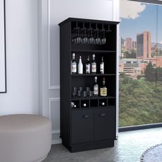 a black cabinet with liquor glasses and bottles on it in front of a large window