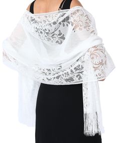 PRICES MAY VARY. Made from polyester, this delicate lace shawl and wrap boasts a soft and luxurious texture. The intricate lacework adds an element of romance, making it the perfect complement to your formal/party dresses or casual outfits. Size: 185*63cm/73”*25”; Our lace evening shawl is generously sized to provide ample coverage and versatility in styling. The dimensions ensure it drapes elegantly over your shoulders, creating a flattering and eye-catching silhouette. Intricate Lace Detailing Elegant White Shawl With Crochet Lace, Elegant White Crochet Lace Shawl, Elegant Fitted Lace Shawl, Fitted Elegant Shawl With Lace Trim, Elegant Lace Trim Shawl For Weddings, Elegant Fitted Shawl With Lace Trim, Elegant Lace Shawl Scarf, White Lace Shawl With Lace Work, Wedding Lace Shawl With Lace Trim